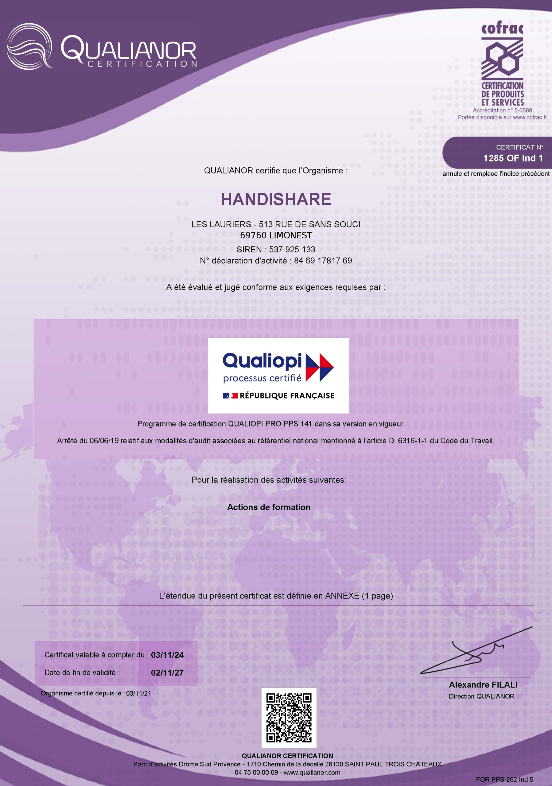 Certificat Qualiopi Handishare 2024-2027 (page1)